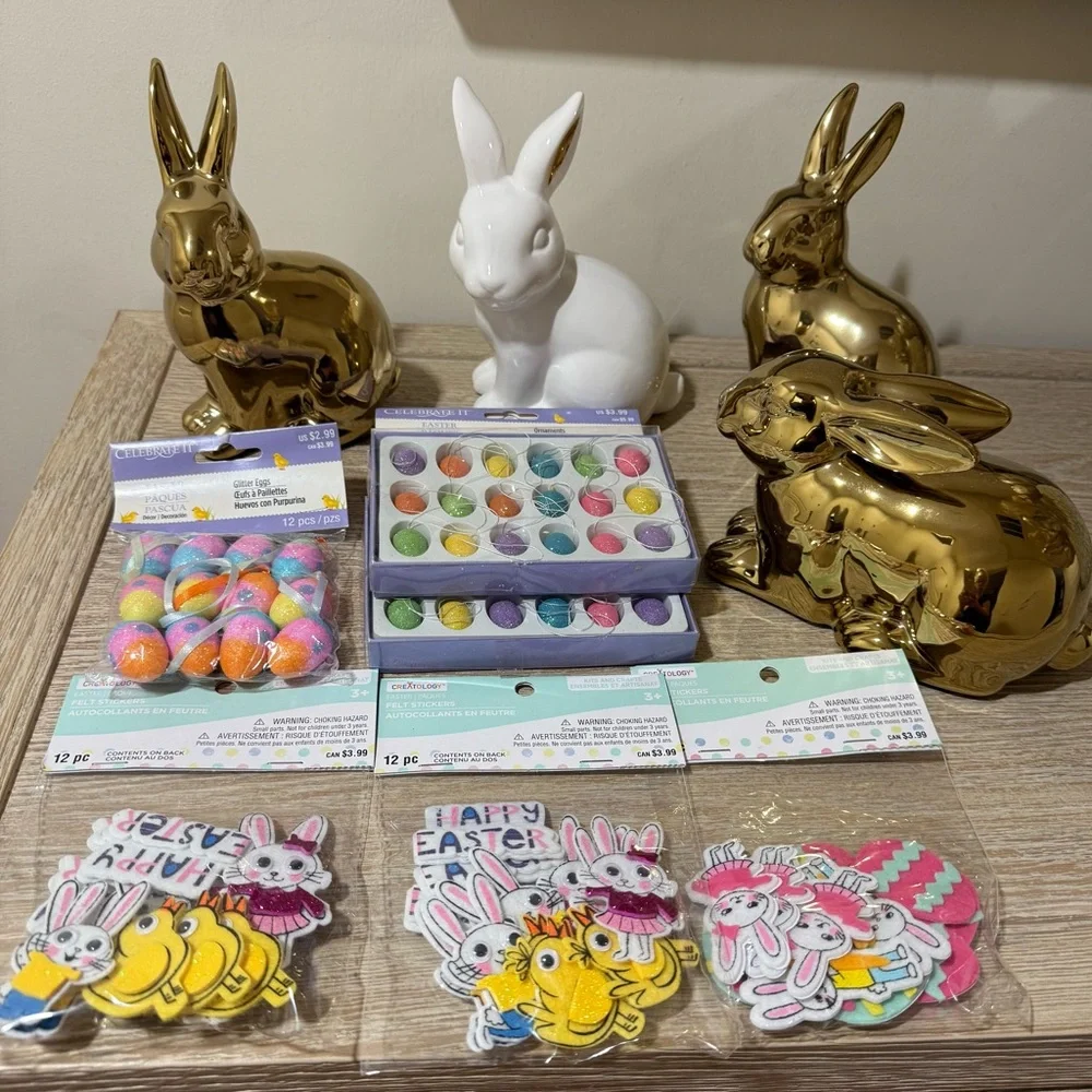 Easter Bunny Figurines Gold and White and Decorations Set